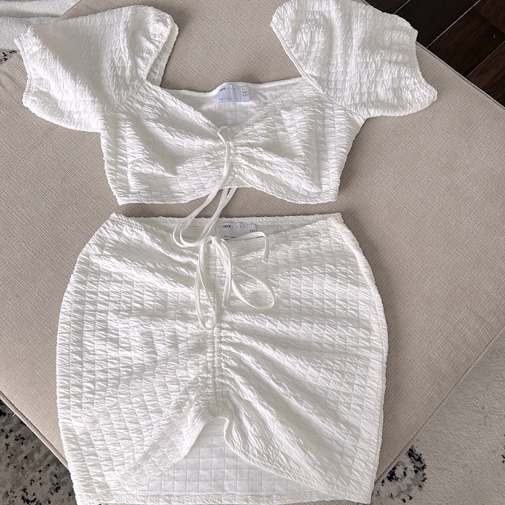 asos luxe brand, white ruched set. wore for my honeymoon one time